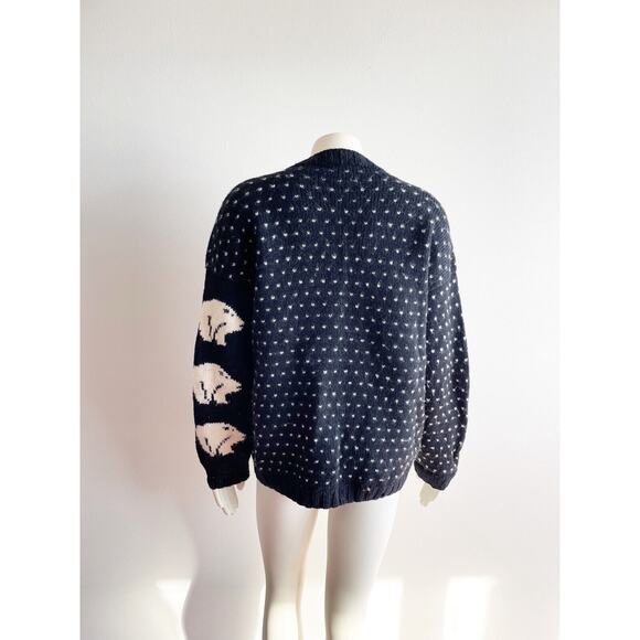 Nomadic Traders Black White Bear Wool Button Down Sweater Made in Peru Medium - Picture 7 of 9
